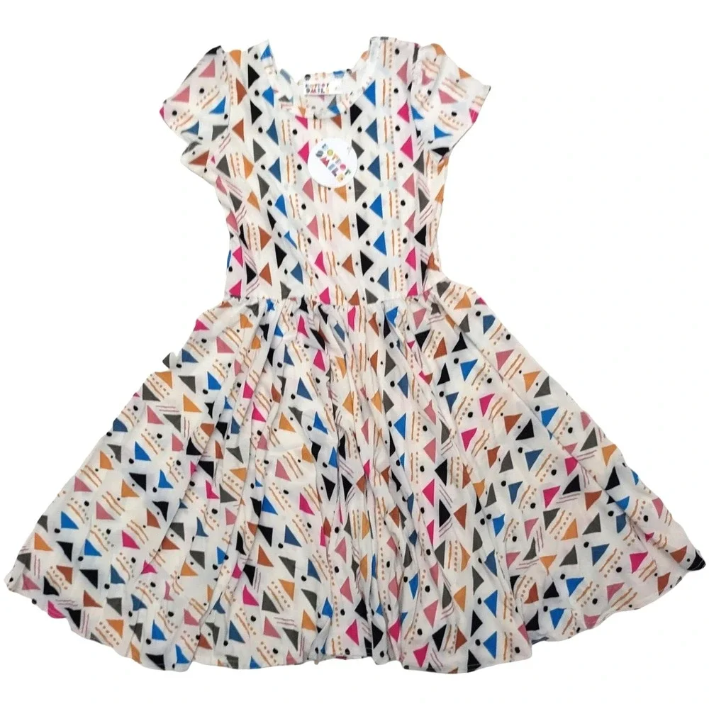 2 Dot Smile Girls 7 White Triangle Kaleidoscope Cap Sleeve Twirl Dress Lot Twins